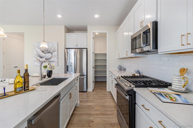 1953 Morgan Dr, Erie, CO 80516 - kitchen featuring appliances with stainless steel finishes, a sink, light wood-style flooring, light countertops, and white cabinetry