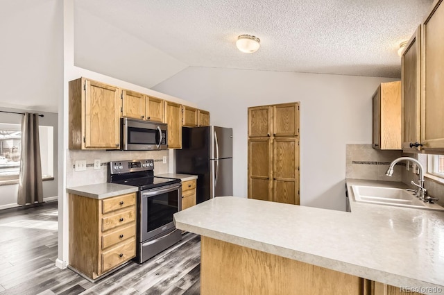 kitchen with lofted ceiling, sink, kitchen peninsula, and stainless steel appliances