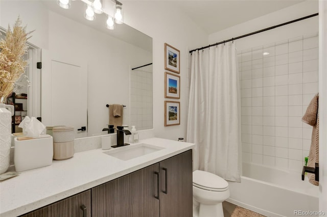 full bathroom featuring toilet, shower / tub combo, and vanity