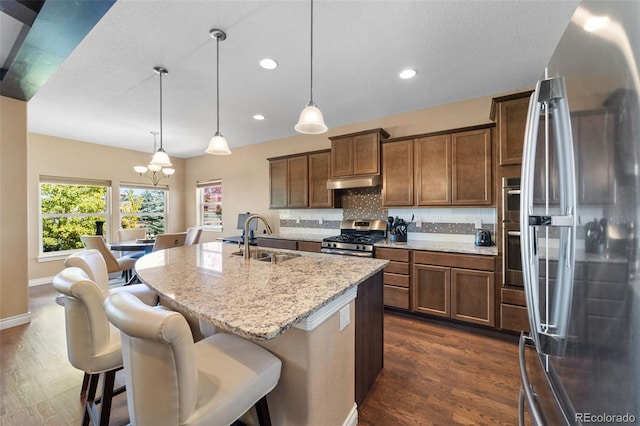 kitchen with dark hardwood / wood-style floors, an island with sink, sink, decorative light fixtures, and appliances with stainless steel finishes