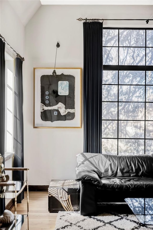 living area featuring wood finished floors, baseboards, and lofted ceiling