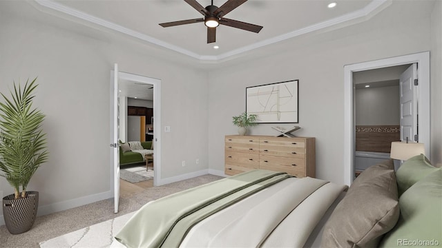 434 Clear Creek Dr, Grand Junction, CO 81504 - bedroom featuring carpet flooring, a raised ceiling, recessed lighting, ornamental molding, and ceiling fan