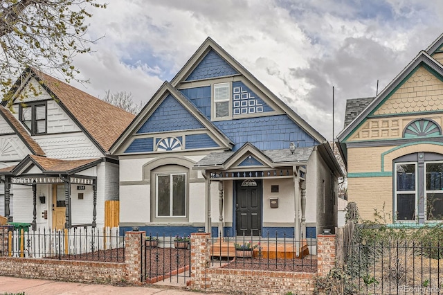 160 W Bayaud Ave, Denver, CO 80223 - victorian home with a fenced front yard, roof with shingles, stucco siding, and a gate