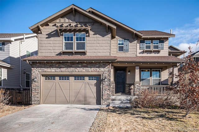 7844 S Elk St, Aurora, CO 80016 - craftsman inspired home with a porch, stone siding, a garage, and driveway
