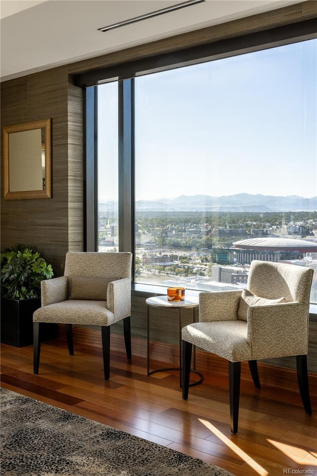 living area featuring wood-type flooring and a mountain view