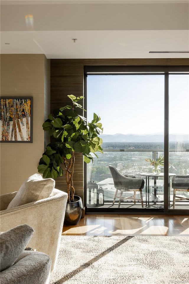 doorway to outside with hardwood / wood-style flooring and a mountain view