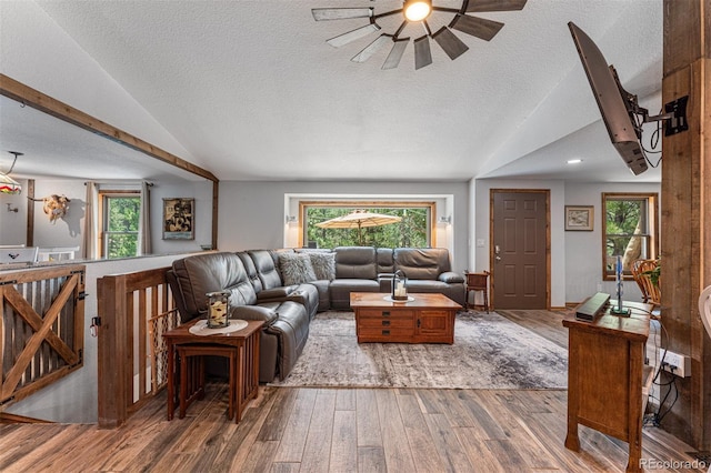 living room featuring vaulted ceiling, hardwood / wood-style floors, and a textured ceiling