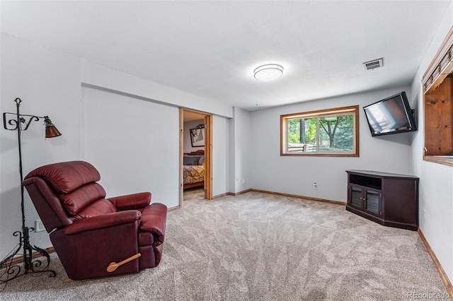 living area featuring light carpet and a textured ceiling