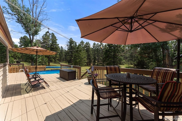 wooden deck with a fenced in pool