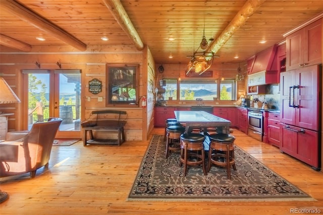 291 County Road 452, Grand Lake, CO 80447 - dining area with light wood-style floors, wooden ceiling with exposed beams, french doors, healthy amount of natural light, and recessed lighting