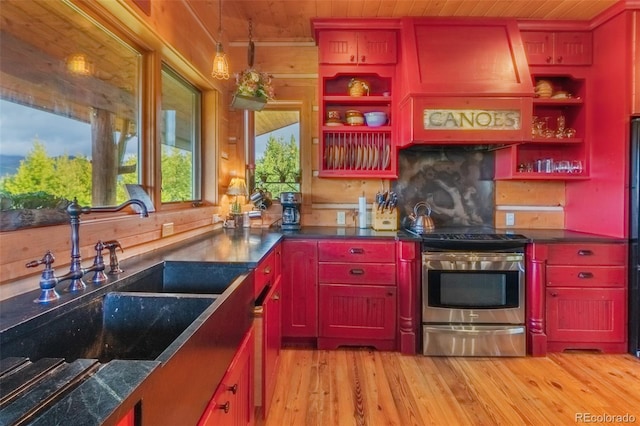 291 County Road 452, Grand Lake, CO 80447 - kitchen with stainless steel range with electric cooktop, a sink, open shelves, custom exhaust hood, and wooden ceiling