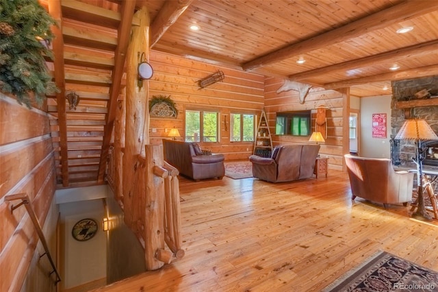 291 County Road 452, Grand Lake, CO 80447 - living area featuring light wood-style flooring, wood ceiling with exposed beams, wood walls, and recessed lighting