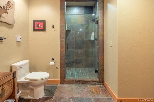 291 County Road 452, Grand Lake, CO 80447 - bathroom featuring baseboards, a stall shower, toilet, stone finish floors, and a textured wall