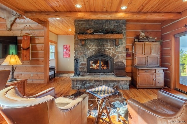 291 County Road 452, Grand Lake, CO 80447 - living room with wood ceiling with exposed beams, light wood-style flooring, recessed lighting, plenty of natural light, and a fireplace