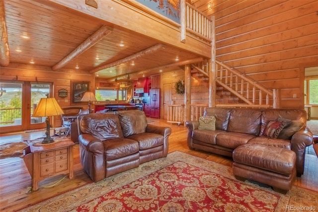 291 County Road 452, Grand Lake, CO 80447 - living room with light wood-type flooring, wooden ceiling, wooden walls, and stairs