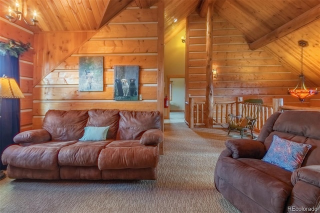 291 County Road 452, Grand Lake, CO 80447 - living room with wooden ceiling, wood walls, and carpet