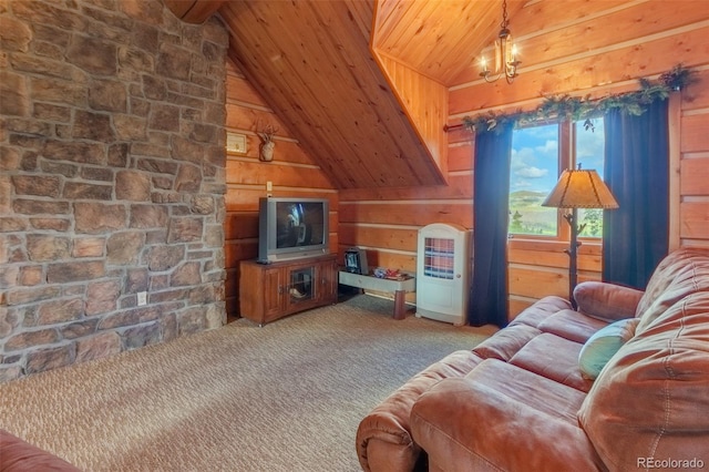 291 County Road 452, Grand Lake, CO 80447 - living area with wooden ceiling, carpet flooring, wood walls, and vaulted ceiling