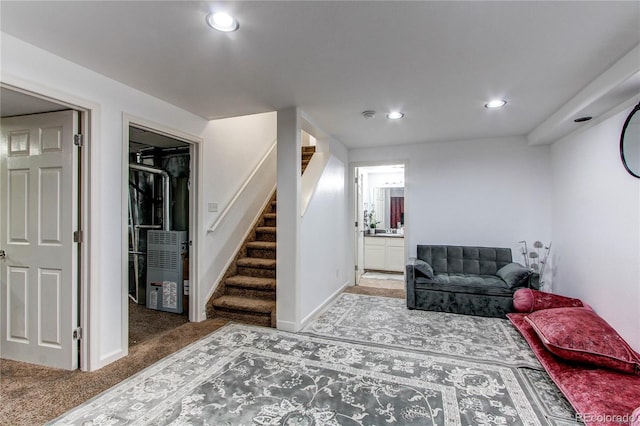 11183 E 114th Ave, Commerce City, CO 80640 - living room with carpet floors, recessed lighting, stairs, and baseboards