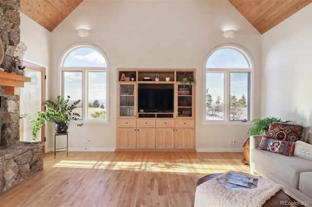 living room featuring a wealth of natural light, a fireplace, and wooden ceiling