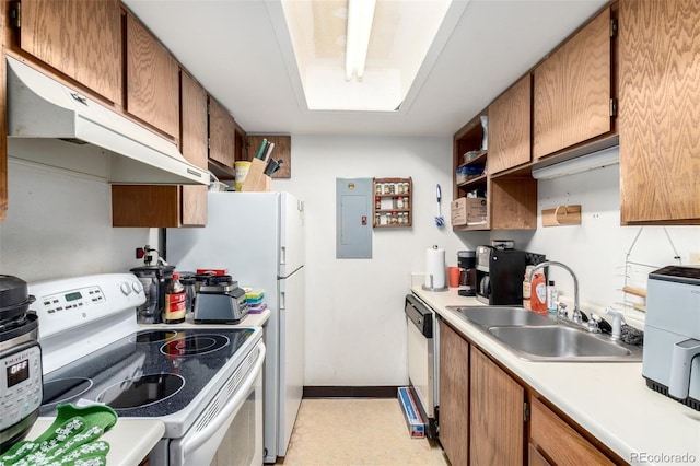 2201 Sable Blvd Unit 1003, Aurora, CO 80011 - kitchen featuring white appliances, a sink, electric panel, under cabinet range hood, and baseboards