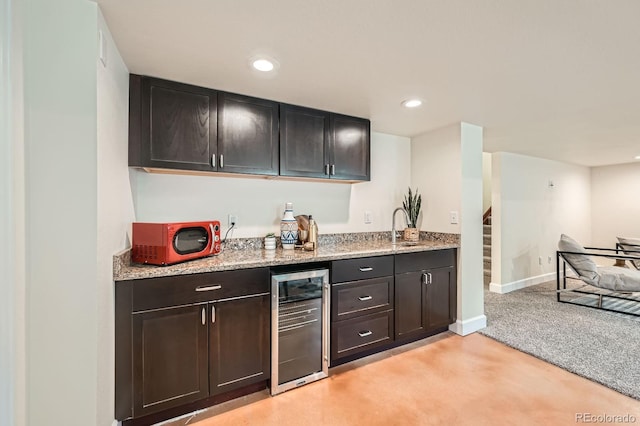 2150 Wagon Way, Louisville, CO 80027 - indoor bar featuring wine cooler, light colored carpet, recessed lighting, baseboards, and stairway