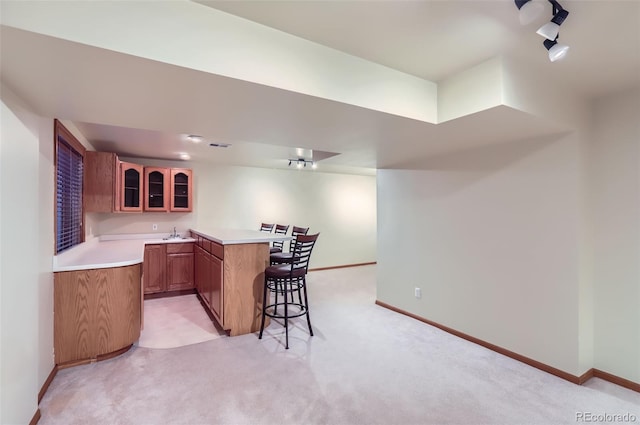 indoor wet bar featuring light colored carpet and baseboards