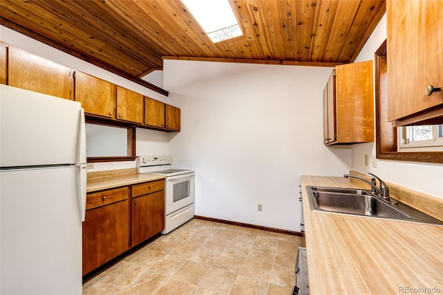 kitchen featuring white appliances, wooden ceiling, sink, and vaulted ceiling with beams