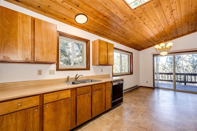 kitchen with sink, hanging light fixtures, a baseboard heating unit, black dishwasher, and vaulted ceiling