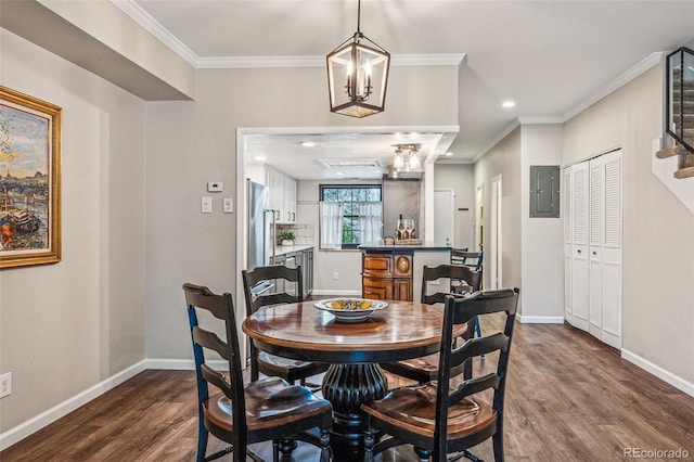 dining room featuring electric panel, stairway, dark wood-style flooring, and crown molding