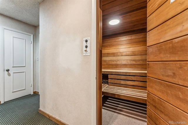 view of sauna / steam room featuring carpet flooring