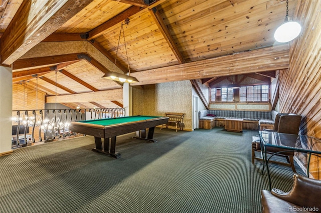 playroom featuring wooden ceiling, vaulted ceiling with beams, billiards, and carpet