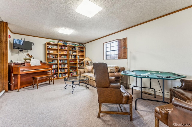 carpeted home office with crown molding and a textured ceiling