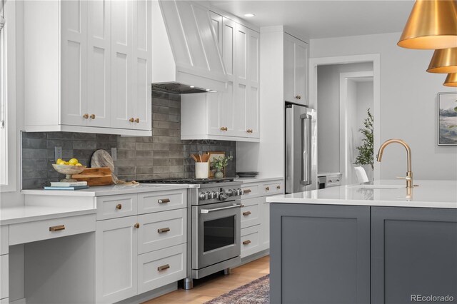 3256 S Corona, Englewood, CO 80113 - kitchen featuring high quality appliances, custom range hood, a sink, light countertops, and decorative backsplash