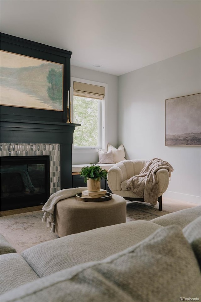 3256 S Corona, Englewood, CO 80113 - living room with baseboards, a fireplace, and wood finished floors