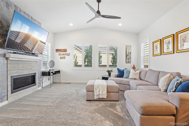 13960 Box Turtle Loop, Parker, CO 80134 - living room with carpet flooring, a ceiling fan, vaulted ceiling, and a wealth of natural light