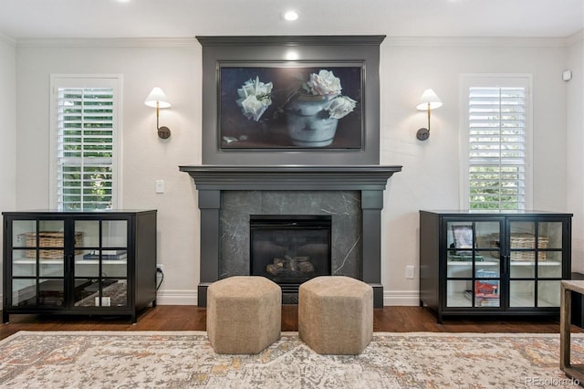 10660 Weathersfield Ct, Highlands Ranch, CO 80129 - detailed view of wood finished floors, crown molding, recessed lighting, and a high end fireplace