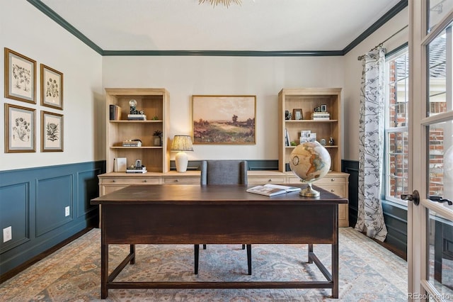 10660 Weathersfield Ct, Highlands Ranch, CO 80129 - home office featuring ornamental molding and a wainscoted wall