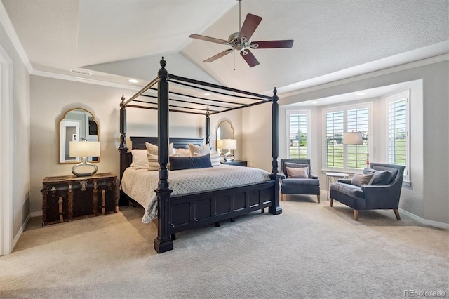 10660 Weathersfield Ct, Highlands Ranch, CO 80129 - bedroom with carpet flooring, lofted ceiling, recessed lighting, ornamental molding, and a ceiling fan