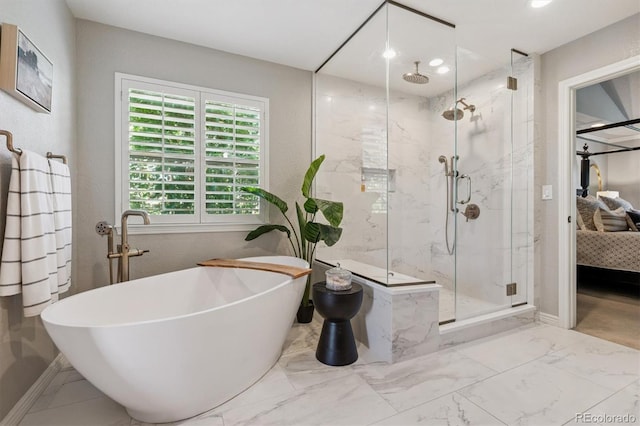 10660 Weathersfield Ct, Highlands Ranch, CO 80129 - ensuite bathroom featuring a marble finish shower, a freestanding bath, marble finish flooring, and recessed lighting