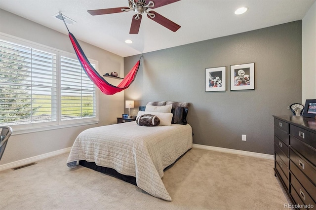 10660 Weathersfield Ct, Highlands Ranch, CO 80129 - bedroom featuring light colored carpet, a ceiling fan, and recessed lighting