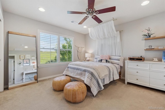 10660 Weathersfield Ct, Highlands Ranch, CO 80129 - bedroom featuring light carpet, recessed lighting, and ceiling fan