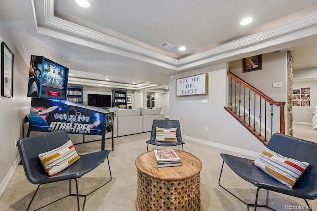 10660 Weathersfield Ct, Highlands Ranch, CO 80129 - carpeted living area featuring a tray ceiling, recessed lighting, stairs, and ornamental molding