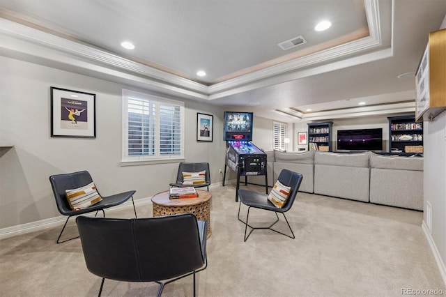 10660 Weathersfield Ct, Highlands Ranch, CO 80129 - living area with a raised ceiling, light colored carpet, ornamental molding, recessed lighting, and plenty of natural light