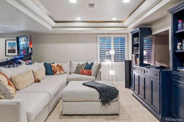 10660 Weathersfield Ct, Highlands Ranch, CO 80129 - living room with a tray ceiling, ornamental molding, light colored carpet, and recessed lighting