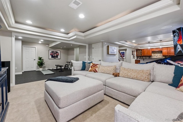 10660 Weathersfield Ct, Highlands Ranch, CO 80129 - living room with a raised ceiling, ornamental molding, recessed lighting, and light carpet