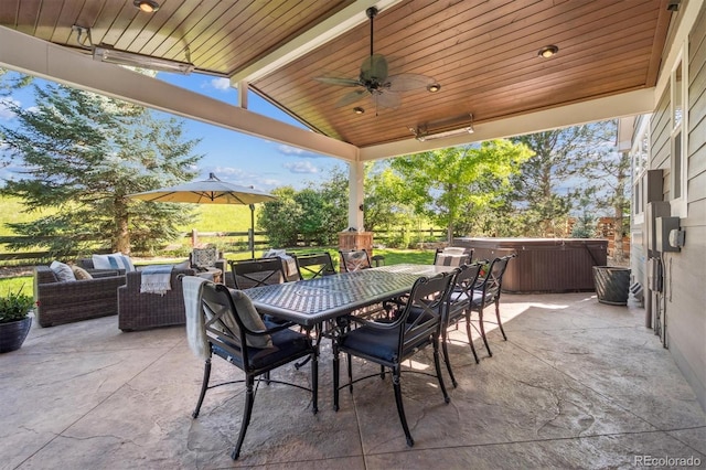 10660 Weathersfield Ct, Highlands Ranch, CO 80129 - view of patio / terrace featuring a hot tub, outdoor lounge area, a ceiling fan, and outdoor dining area