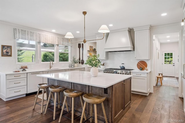 10660 Weathersfield Ct, Highlands Ranch, CO 80129 - kitchen featuring custom exhaust hood, dishwasher, light countertops, white cabinetry, and a center island