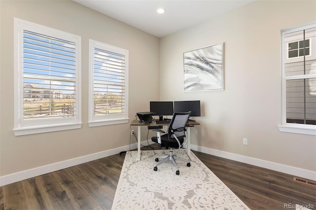 office area featuring dark wood-type flooring