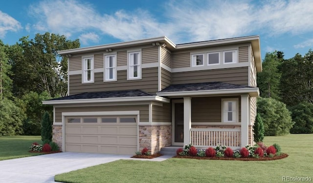 view of front of property featuring a front yard, a porch, an attached garage, concrete driveway, and stone siding