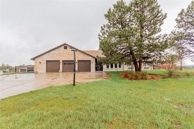 1341 Tomichi Dr, Franktown, CO 80116 - ranch-style home with an attached garage, driveway, a front yard, and brick siding